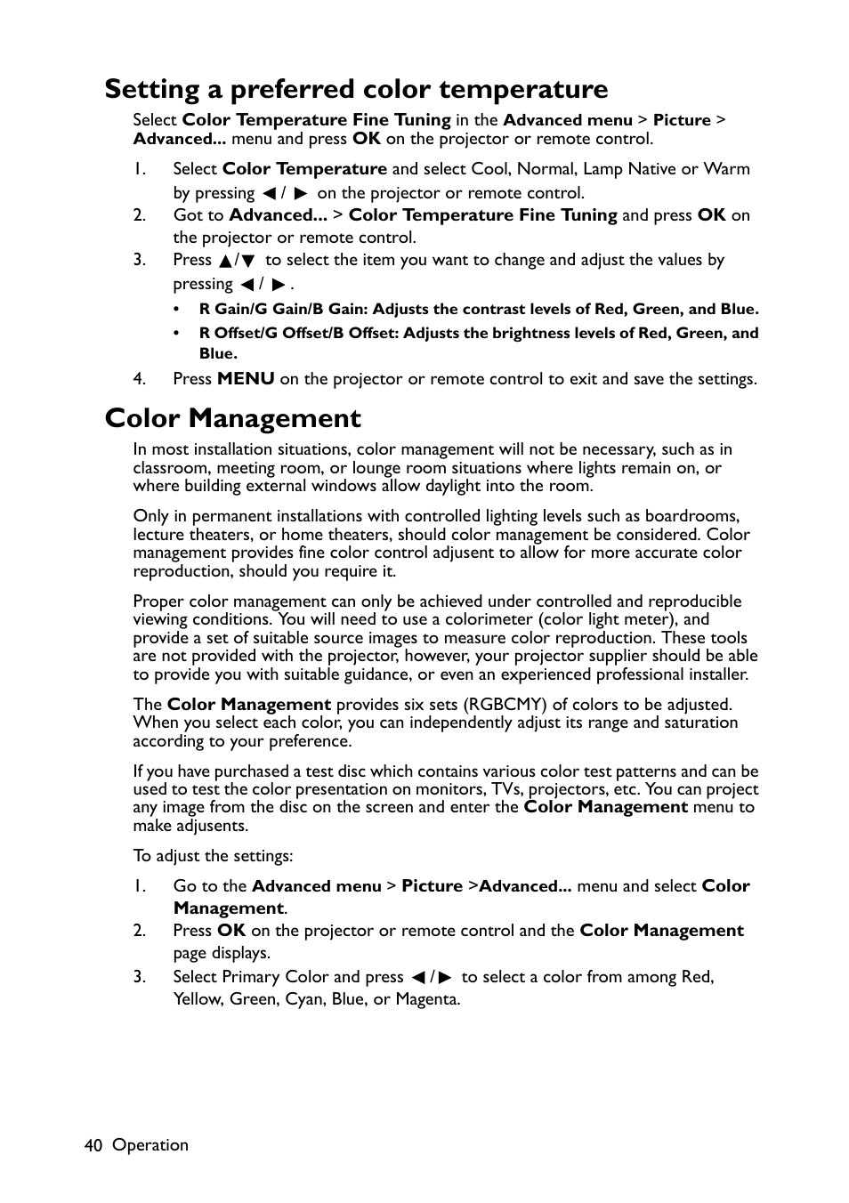 Setting a preferred color temperature, Color management | BenQ TH670s User Manual | Page 40 / 75
