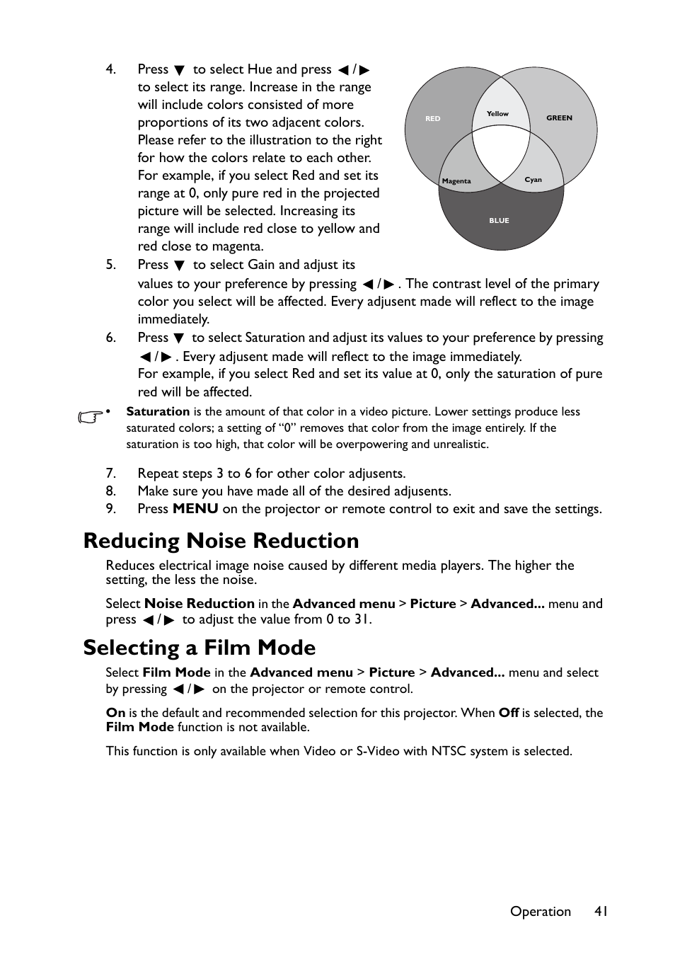 Reducing noise reduction, Selecting a film mode | BenQ TH670s User Manual | Page 41 / 75