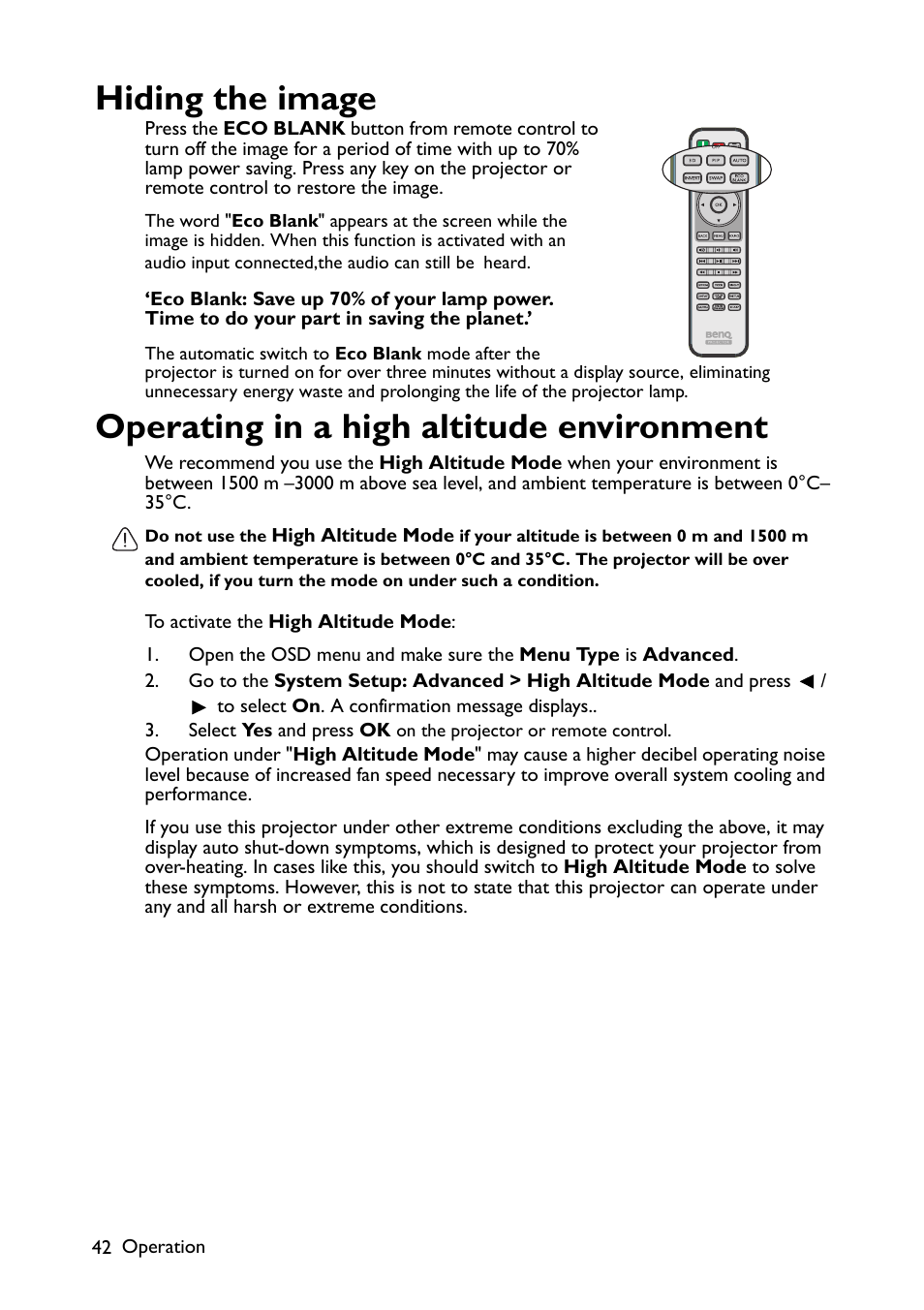 Hiding the image, Operating in a high altitude environment | BenQ TH670s User Manual | Page 42 / 75