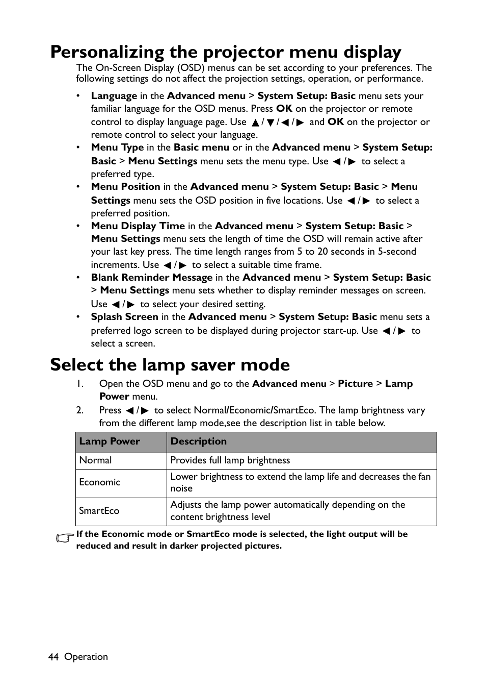 Personalizing the projector menu display, Select the lamp saver mode | BenQ TH670s User Manual | Page 44 / 75