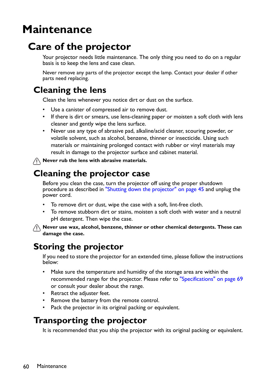 Maintenance, Care of the projector, Cleaning the lens | Cleaning the projector case, Storing the projector, Transporting the projector | BenQ TH670s User Manual | Page 60 / 75