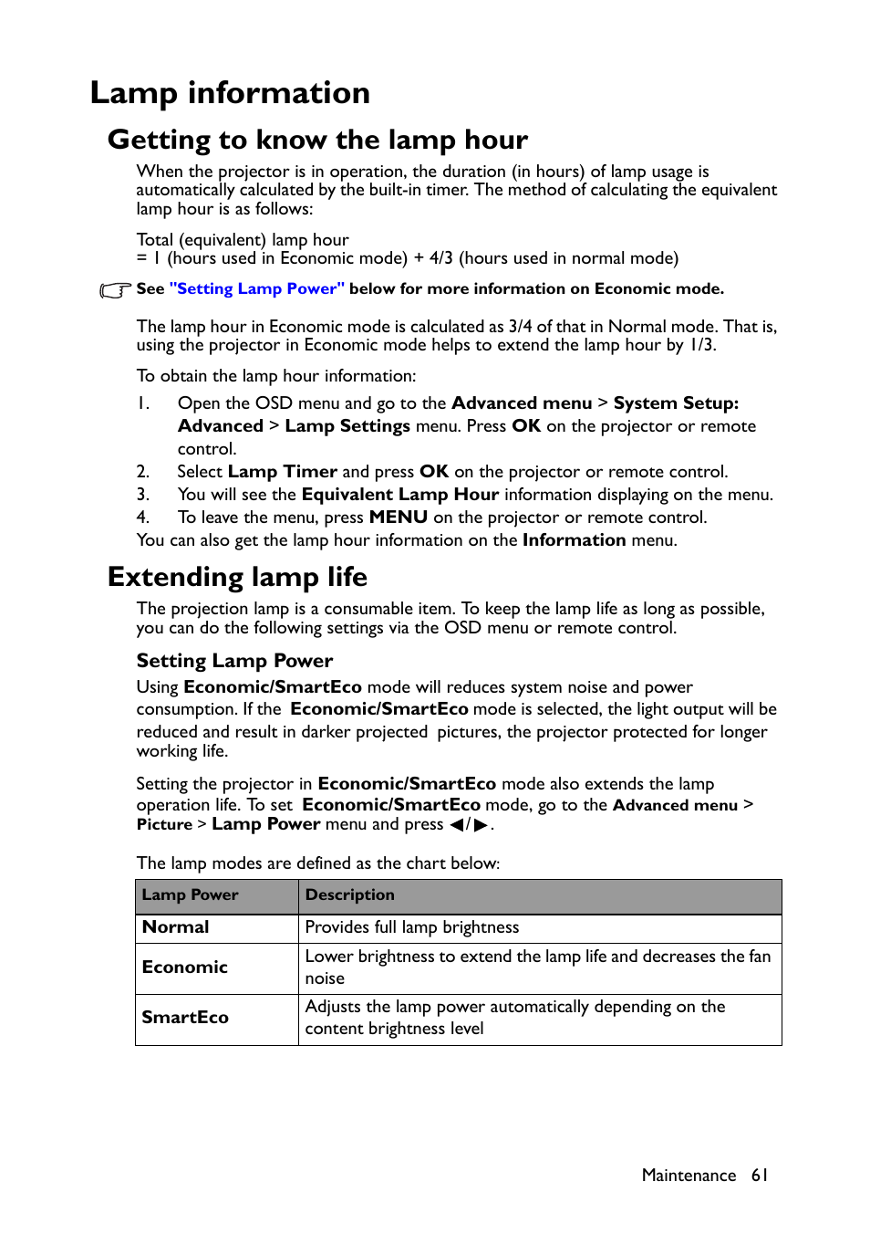 Lamp information, Getting to know the lamp hour, Extending lamp life | BenQ TH670s User Manual | Page 61 / 75