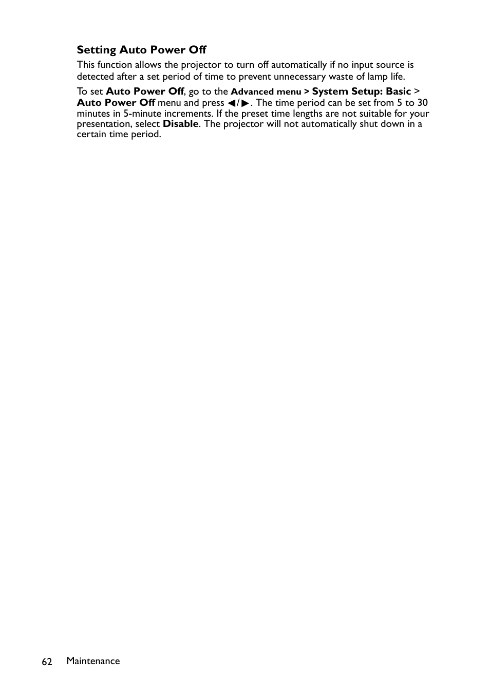 Setting auto power off | BenQ TH670s User Manual | Page 62 / 75