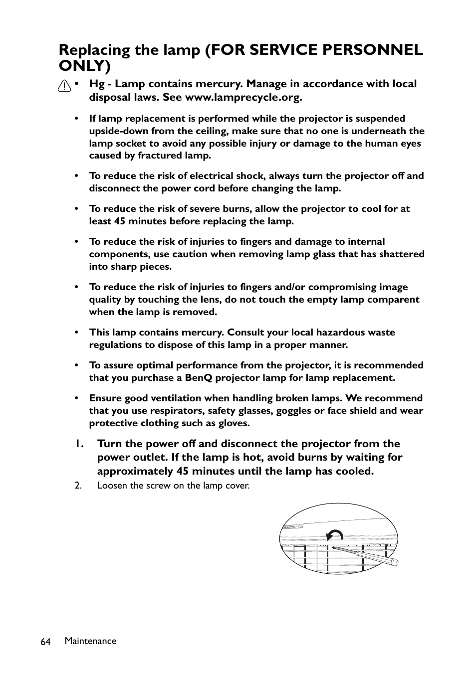 Replacing the lamp (for service personnel only) | BenQ TH670s User Manual | Page 64 / 75