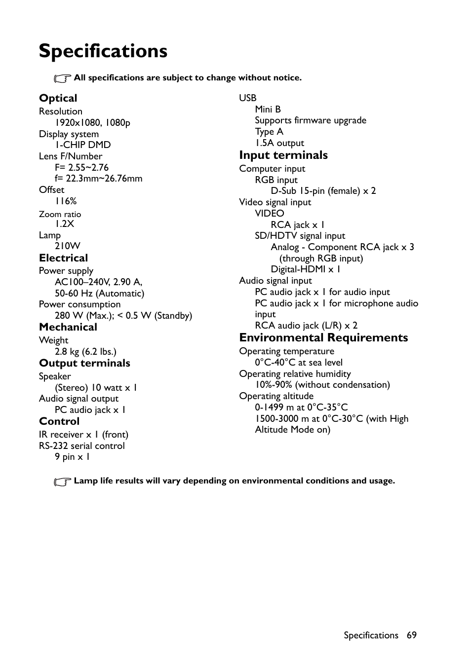 Specifications, Input terminals, Environmental requirements | BenQ TH670s User Manual | Page 69 / 75