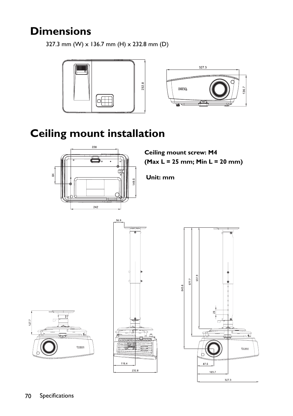 Dimensions, Ceiling mount installation, Dimensions ceiling mount installation | BenQ TH670s User Manual | Page 70 / 75