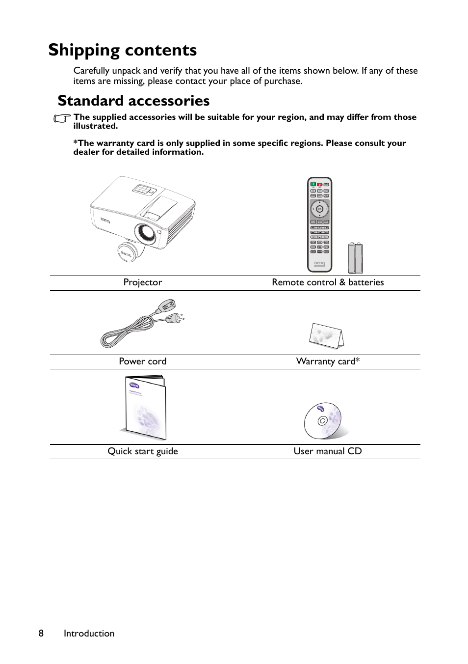 Shipping contents, Standard accessories | BenQ TH670s User Manual | Page 8 / 75