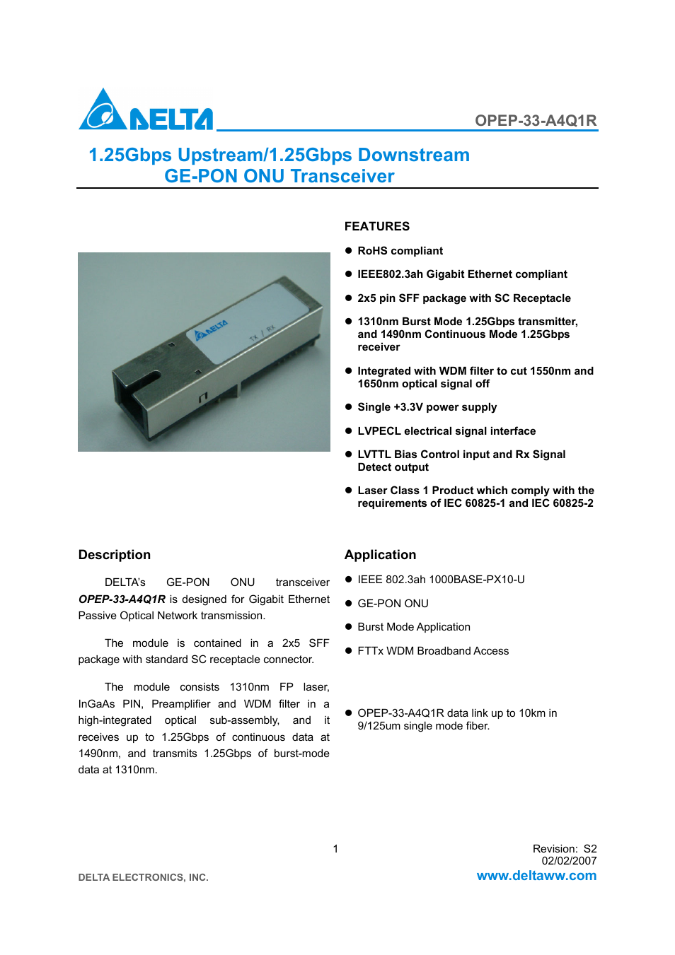 Delta Electronics GE-PON ONU Transceiver OPEP-33-A4Q1R User Manual | 8 pages