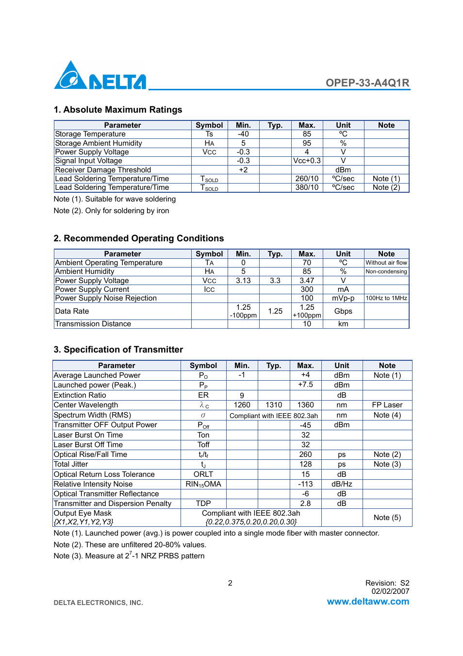 Opep-33-a4q1r | Delta Electronics GE-PON ONU Transceiver OPEP-33-A4Q1R User Manual | Page 2 / 8