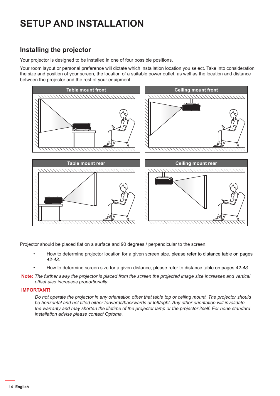 Setup and installation, Installing the projector | Optoma HD142X User Manual | Page 14 / 55