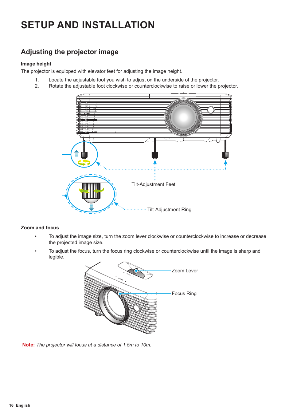 Adjusting the projector image, Setup and installation | Optoma HD142X User Manual | Page 16 / 55