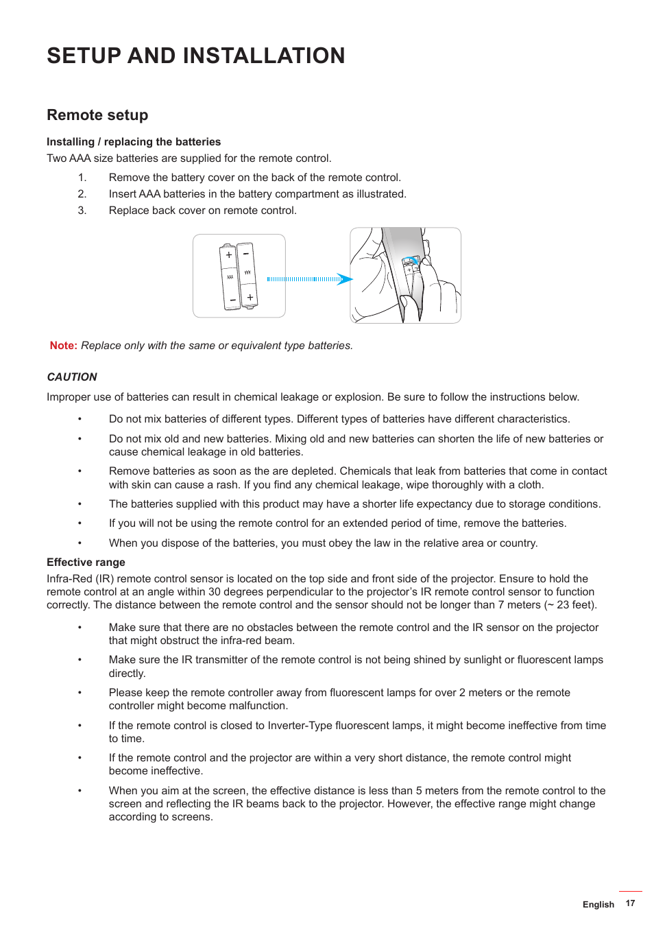 Remote setup, Setup and installation | Optoma HD142X User Manual | Page 17 / 55