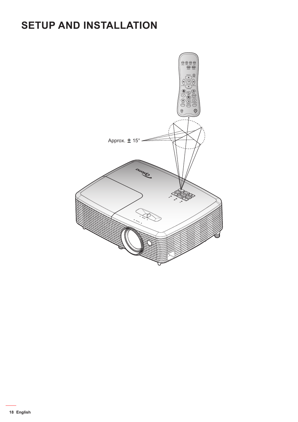 Setup and installation, Approx. 15, English 18 | Optoma HD142X User Manual | Page 18 / 55