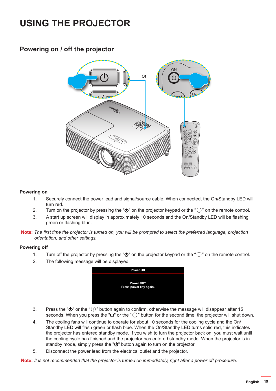 Using the projector, Powering on / off the projector | Optoma HD142X User Manual | Page 19 / 55