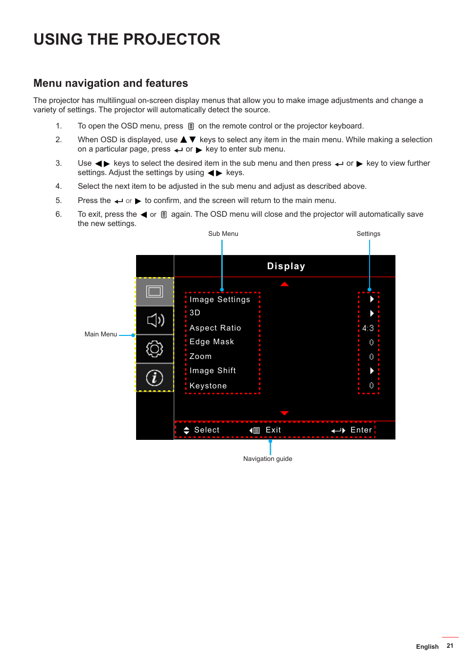 Using the projector, Menu navigation and features | Optoma HD142X User Manual | Page 21 / 55