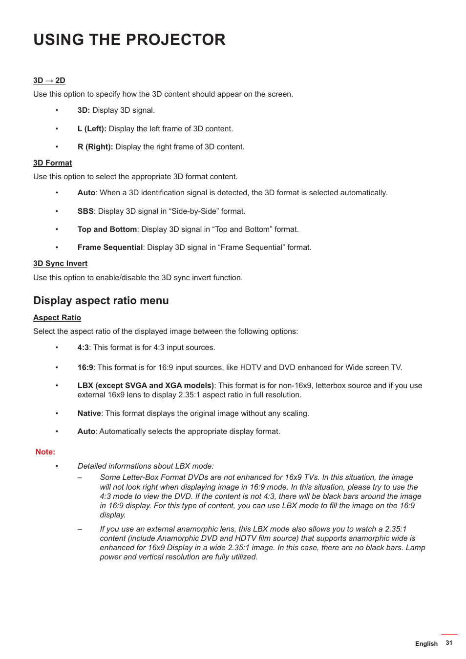 Display aspect ratio menu, Using the projector | Optoma HD142X User Manual | Page 31 / 55
