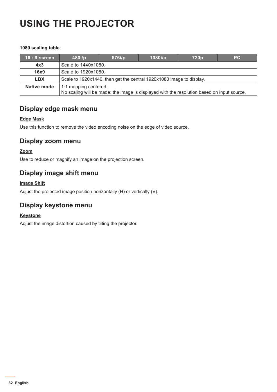 Display edge mask menu, Display zoom menu, Display image shift menu | Display keystone menu, Using the projector | Optoma HD142X User Manual | Page 32 / 55