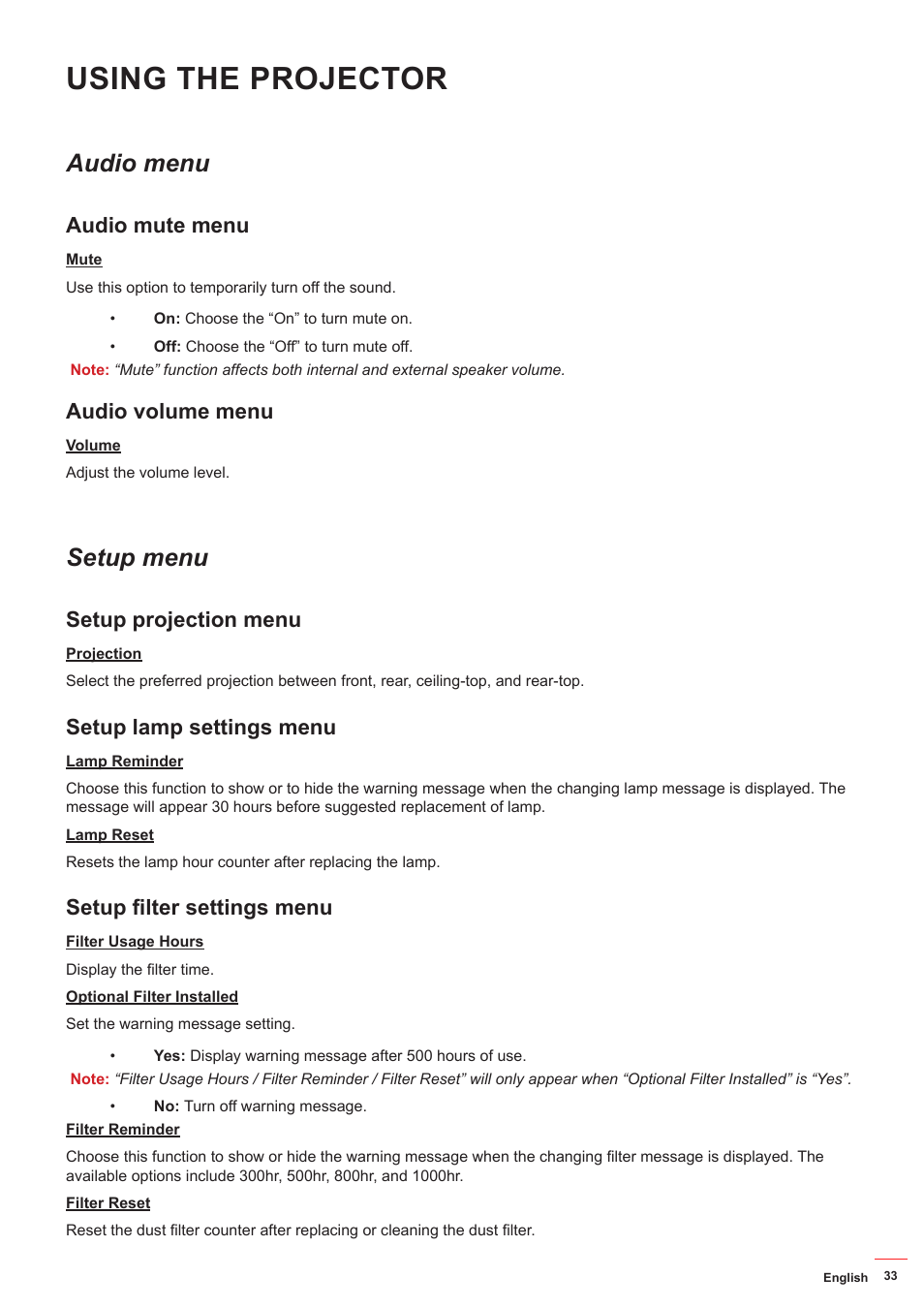 Audio mute menu, Audio volume menu, Setup projection menu | Setup lamp settings menu, Setup filter settings menu, Using the projector, Audio menu, Setup menu | Optoma HD142X User Manual | Page 33 / 55