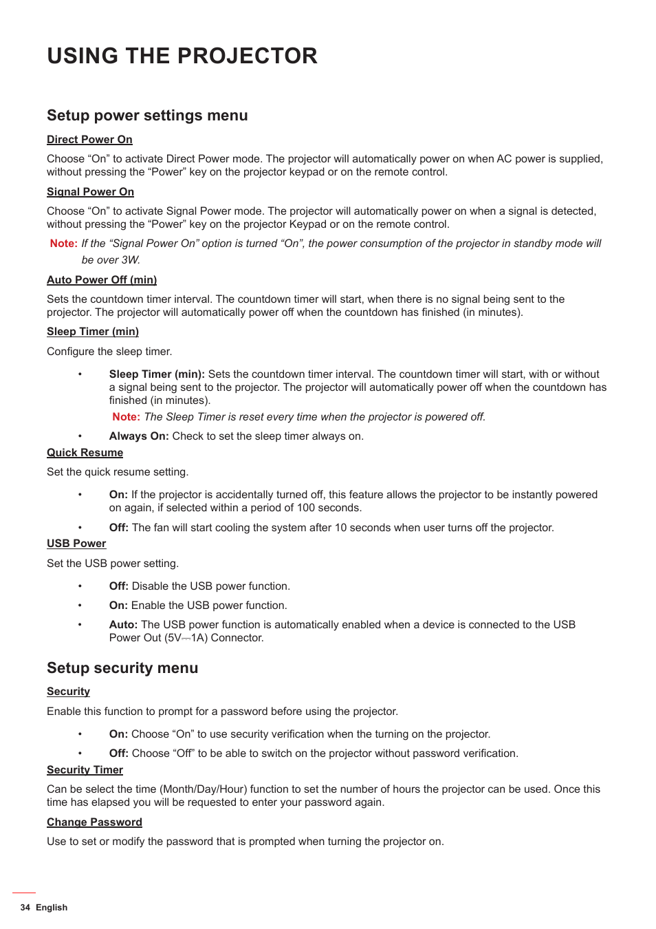 Setup power settings menu, Setup security menu, Using the projector | Optoma HD142X User Manual | Page 34 / 55