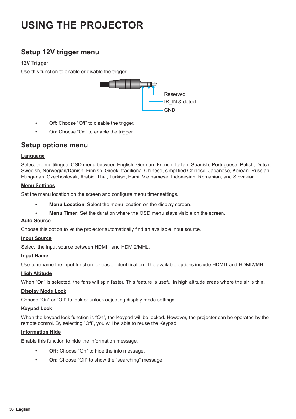 Setup 12v trigger menu, Setup options menu, Using the projector | Optoma HD142X User Manual | Page 36 / 55
