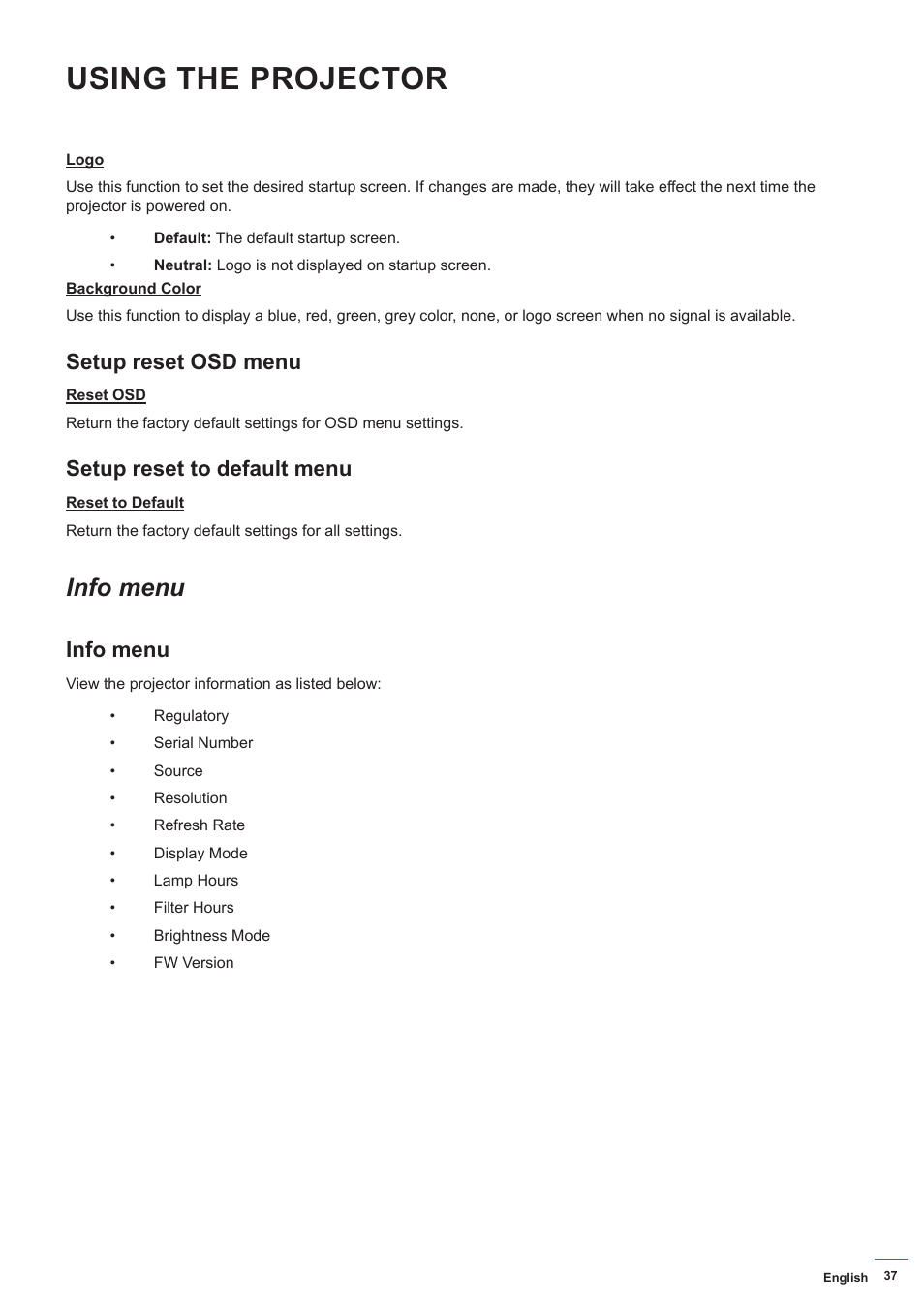 Setup reset osd menu, Setup reset to default menu, Info menu | Using the projector | Optoma HD142X User Manual | Page 37 / 55