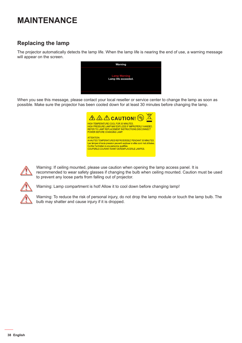 Maintenance, Replacing the lamp | Optoma HD142X User Manual | Page 38 / 55