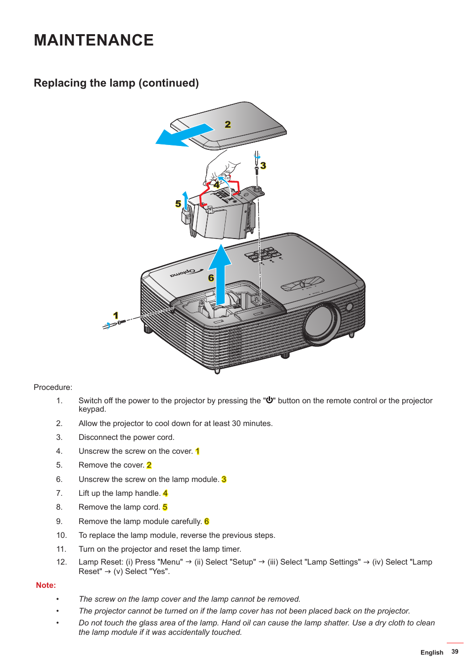 Maintenance, Replacing the lamp (continued) | Optoma HD142X User Manual | Page 39 / 55