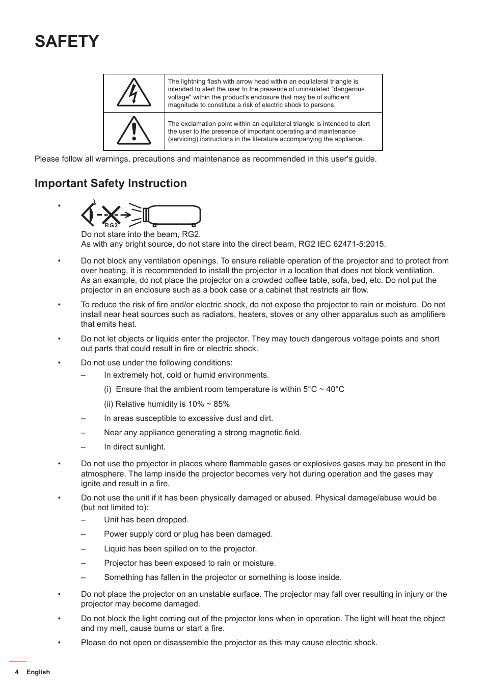 Safety, Important safety instruction | Optoma HD142X User Manual | Page 4 / 55
