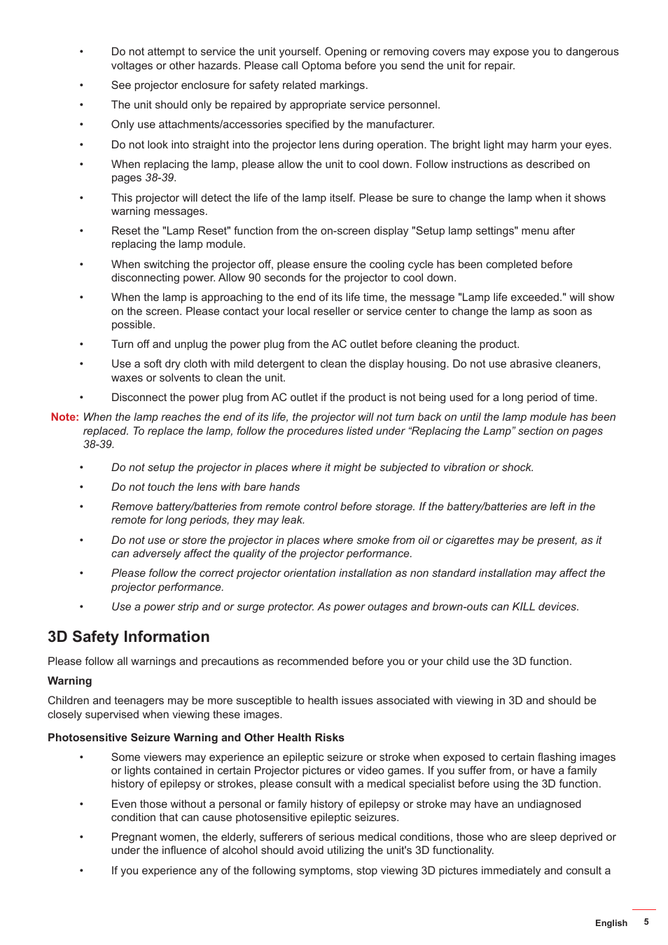 3d safety information | Optoma HD142X User Manual | Page 5 / 55