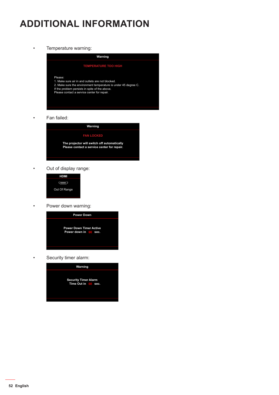 Additional information, Temperature warning, Fan failed | Out of display range, Power down warning, Security timer alarm | Optoma HD142X User Manual | Page 52 / 55