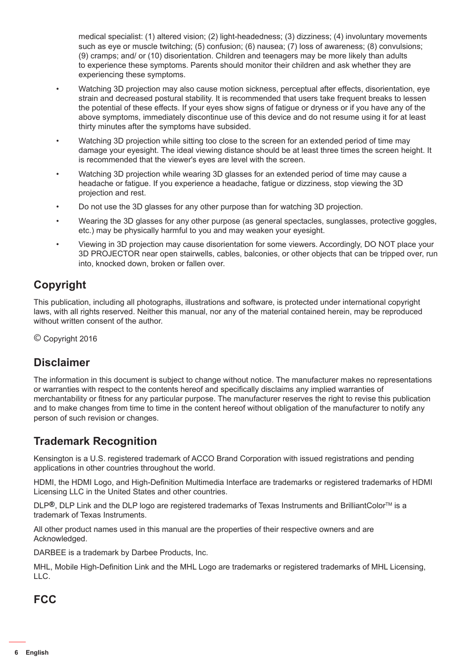 Copyright, Disclaimer, Trademark recognition | Optoma HD142X User Manual | Page 6 / 55