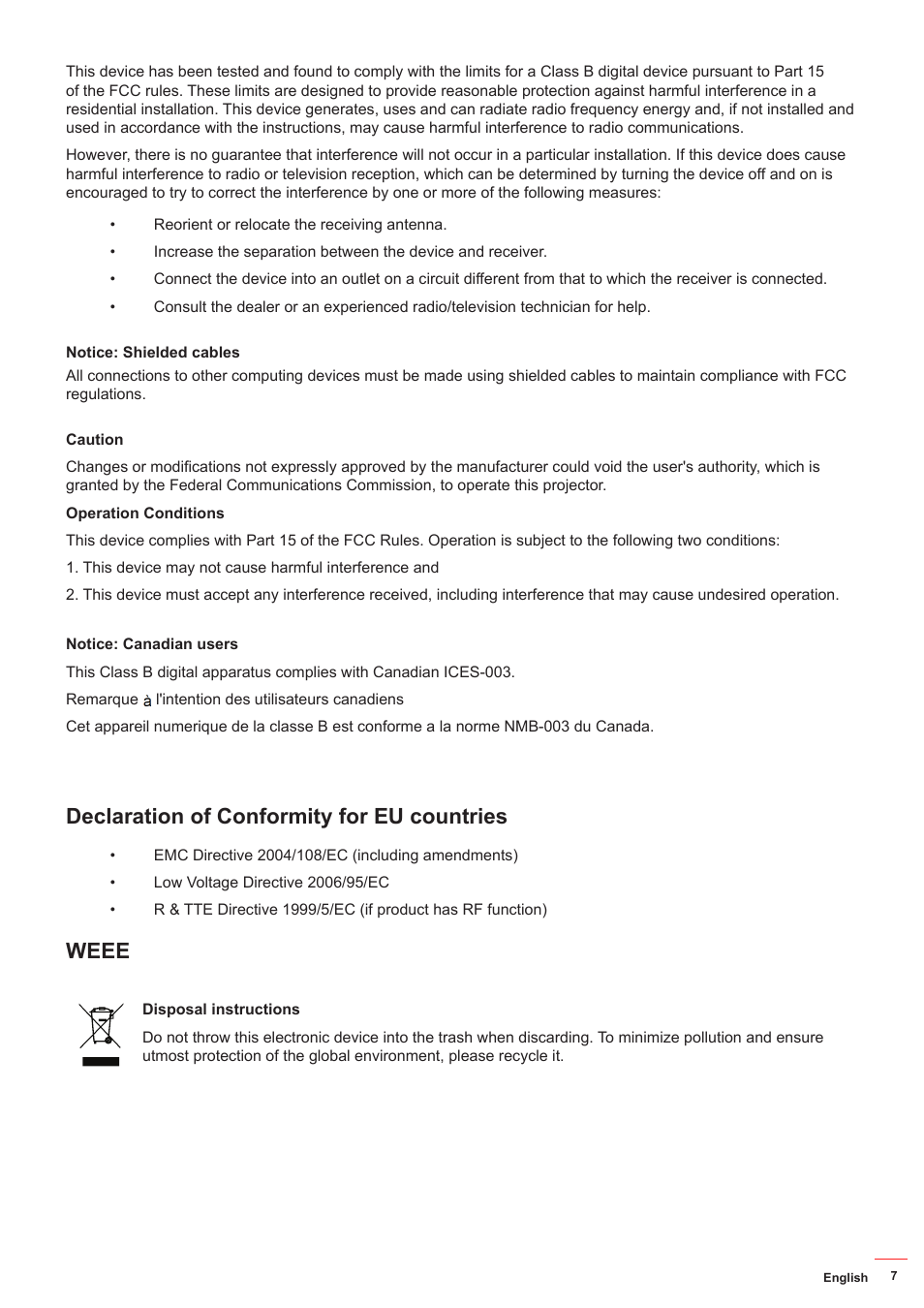 Declaration of conformity for eu countries, Weee | Optoma HD142X User Manual | Page 7 / 55