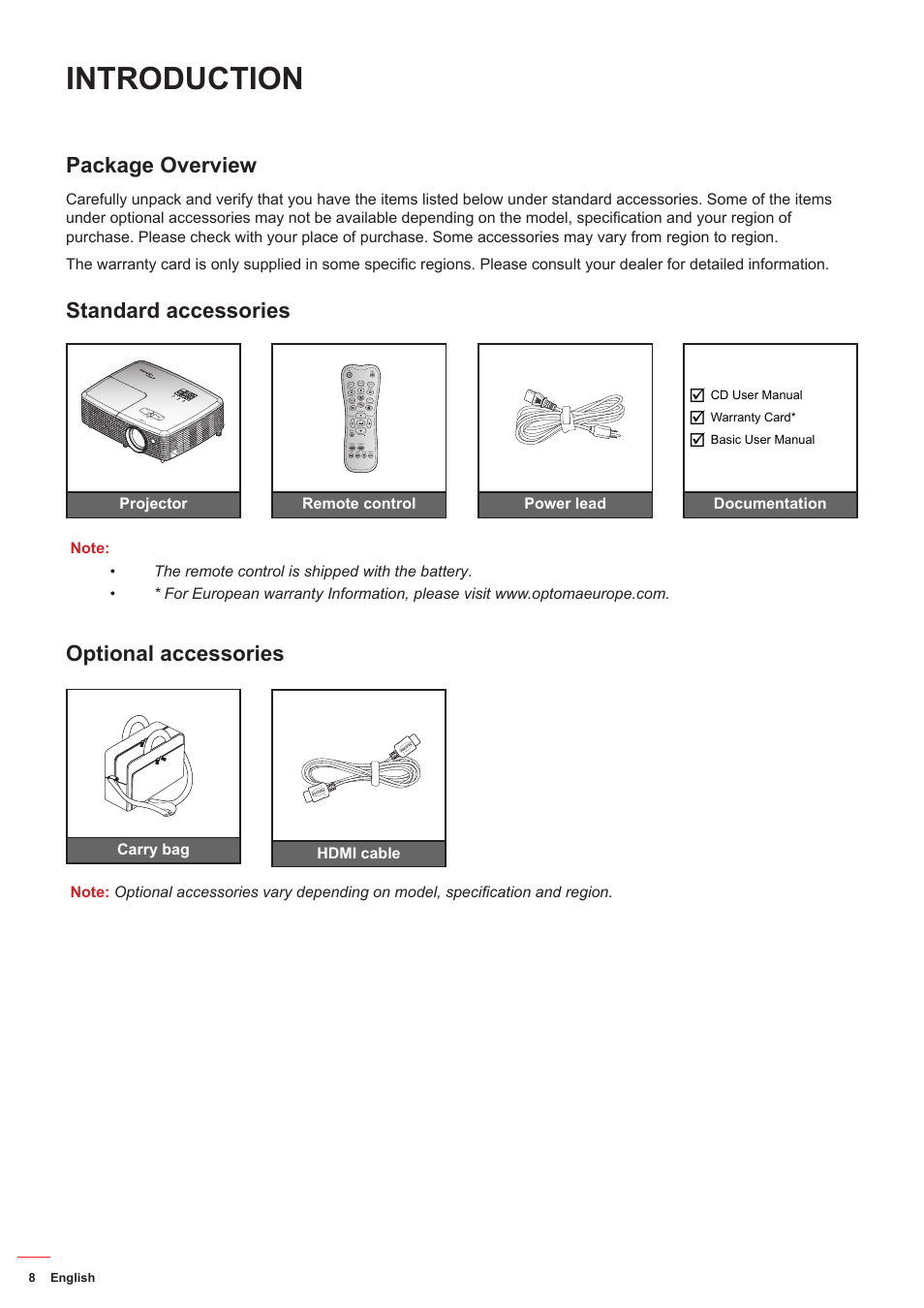 Introduction, Package overview, Standard accessories | Optional accessories | Optoma HD142X User Manual | Page 8 / 55