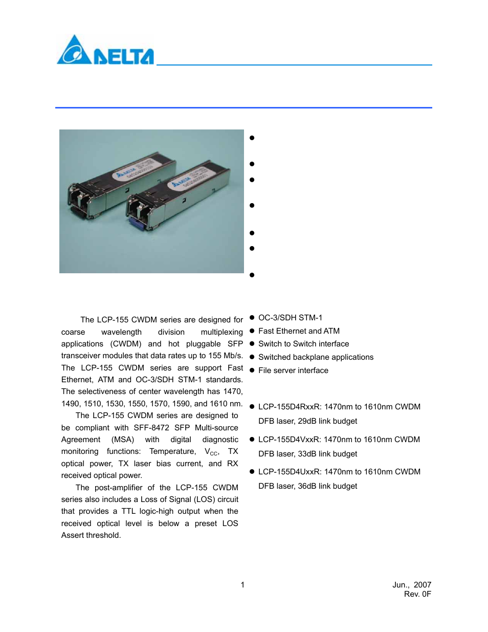 Delta Electronics Multi-Rate CWDM SFP Transceiver LCP-155 CWDM User Manual | 14 pages