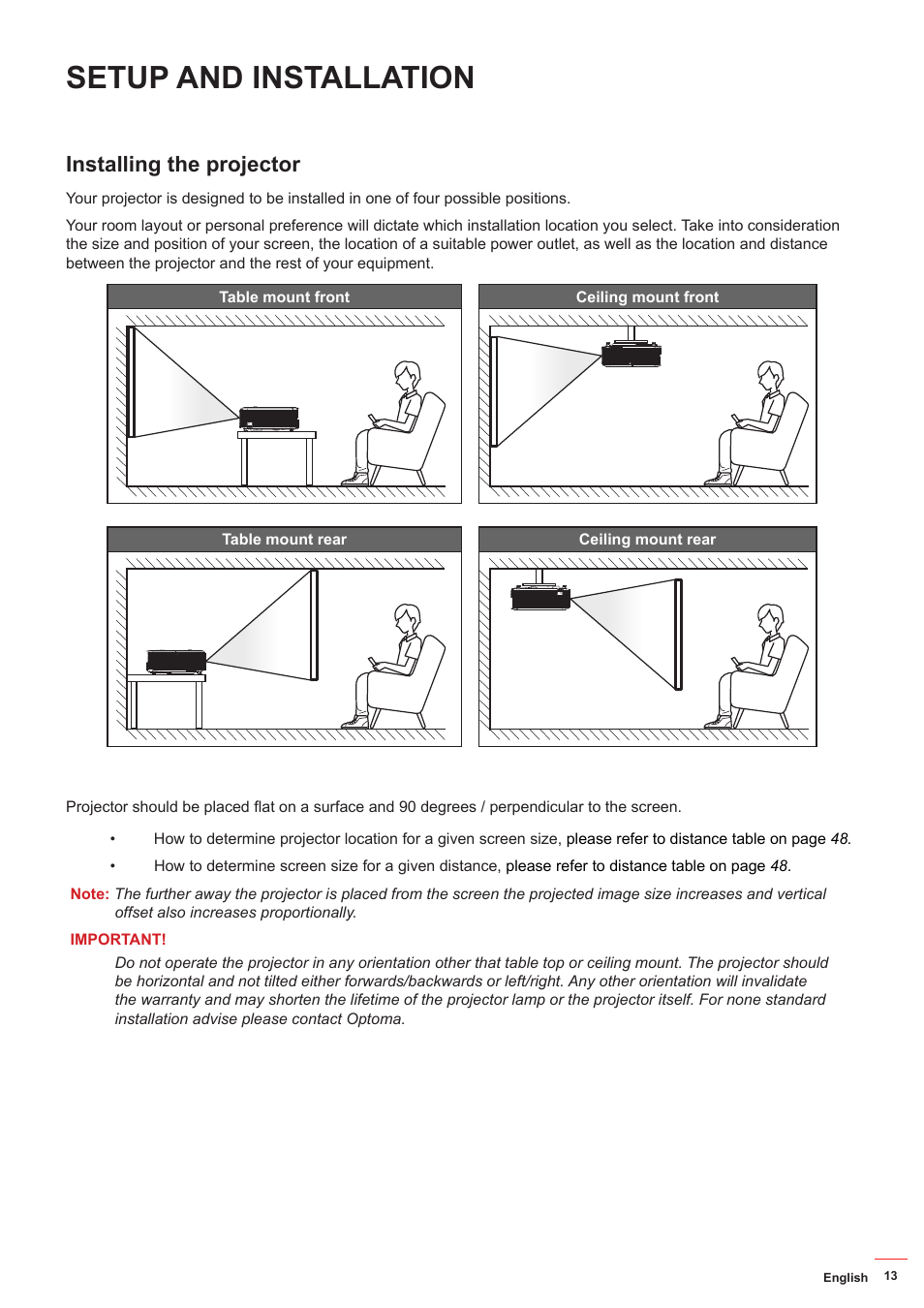 Setup and installation, Installing the projector | Optoma DS349 User Manual | Page 13 / 59