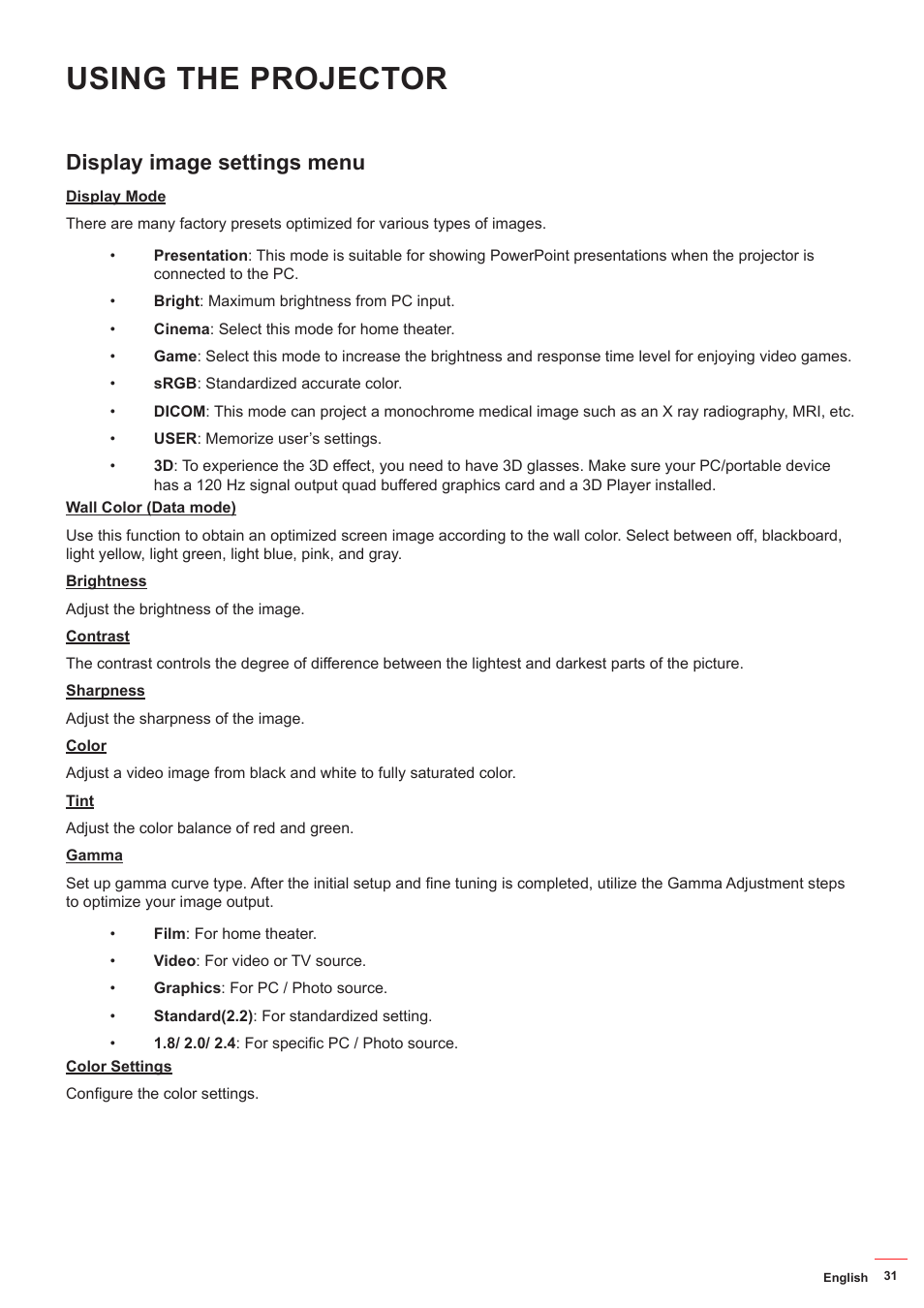 Display image settings menu, Using the projector | Optoma DS349 User Manual | Page 31 / 59