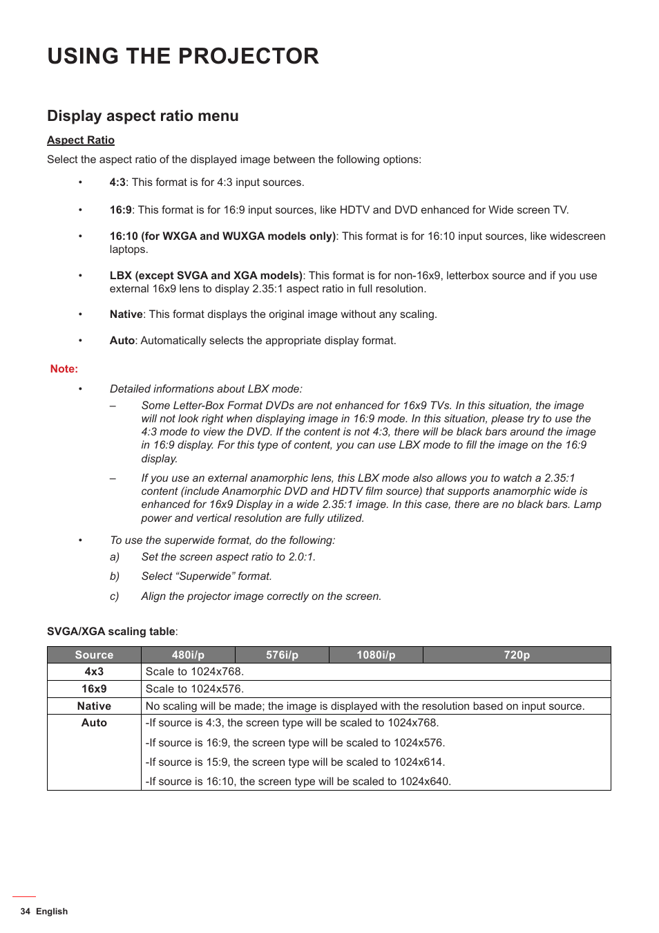 Display aspect ratio menu, Using the projector | Optoma DS349 User Manual | Page 34 / 59