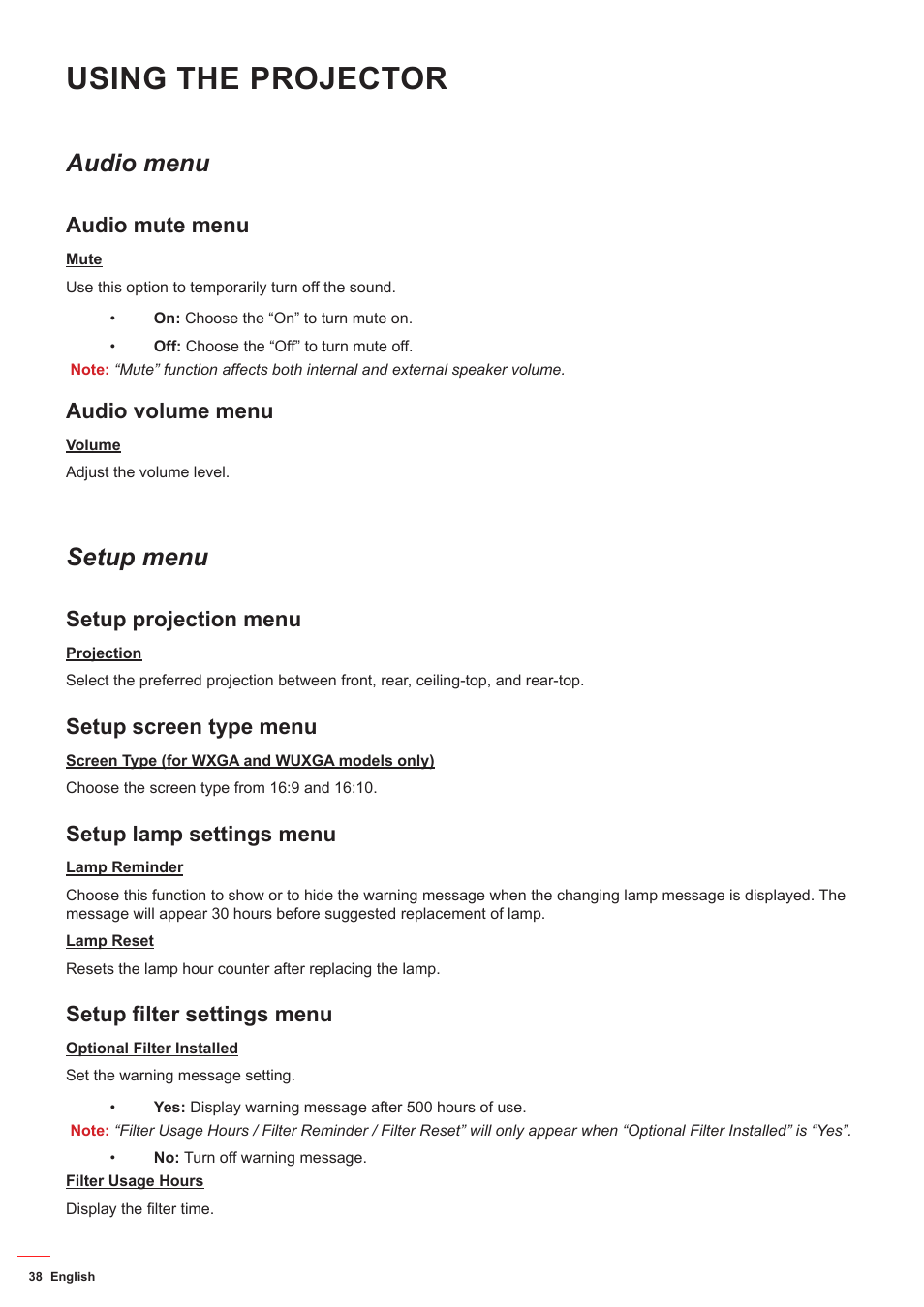 Audio mute menu, Audio volume menu, Setup projection menu | Setup screen type menu, Setup lamp settings menu, Setup filter settings menu, Using the projector, Audio menu, Setup menu | Optoma DS349 User Manual | Page 38 / 59