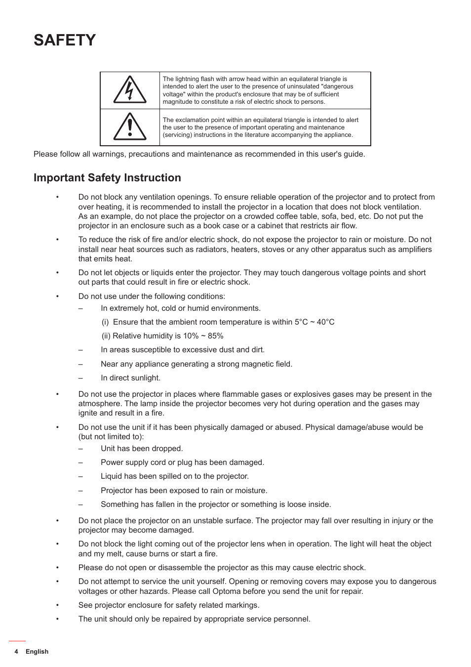 Safety, Important safety instruction | Optoma DS349 User Manual | Page 4 / 59