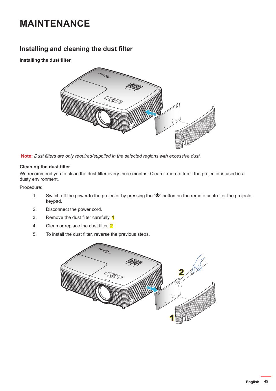 Installing and cleaning the dust filter, Maintenance | Optoma DS349 User Manual | Page 45 / 59