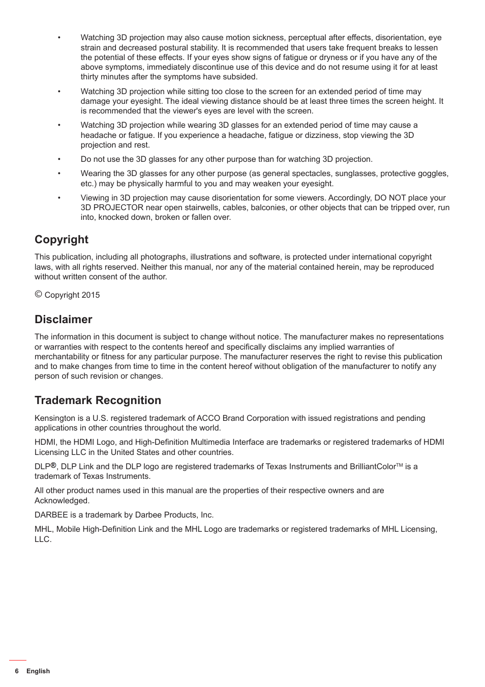 Copyright, Disclaimer, Trademark recognition | Optoma DS349 User Manual | Page 6 / 59