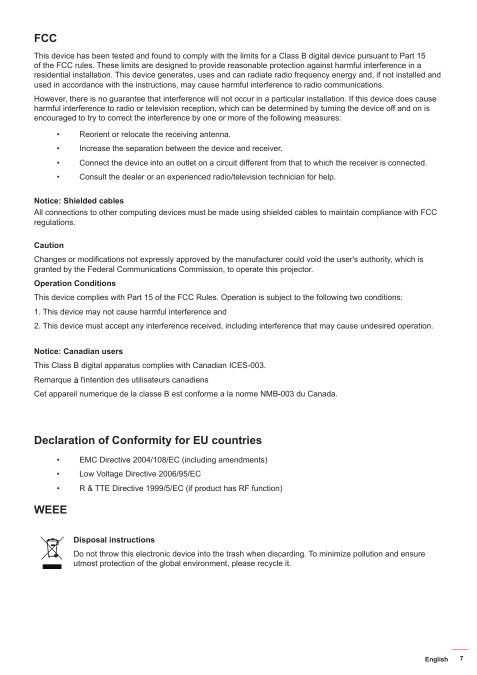 Declaration of conformity for eu countries, Weee | Optoma DS349 User Manual | Page 7 / 59