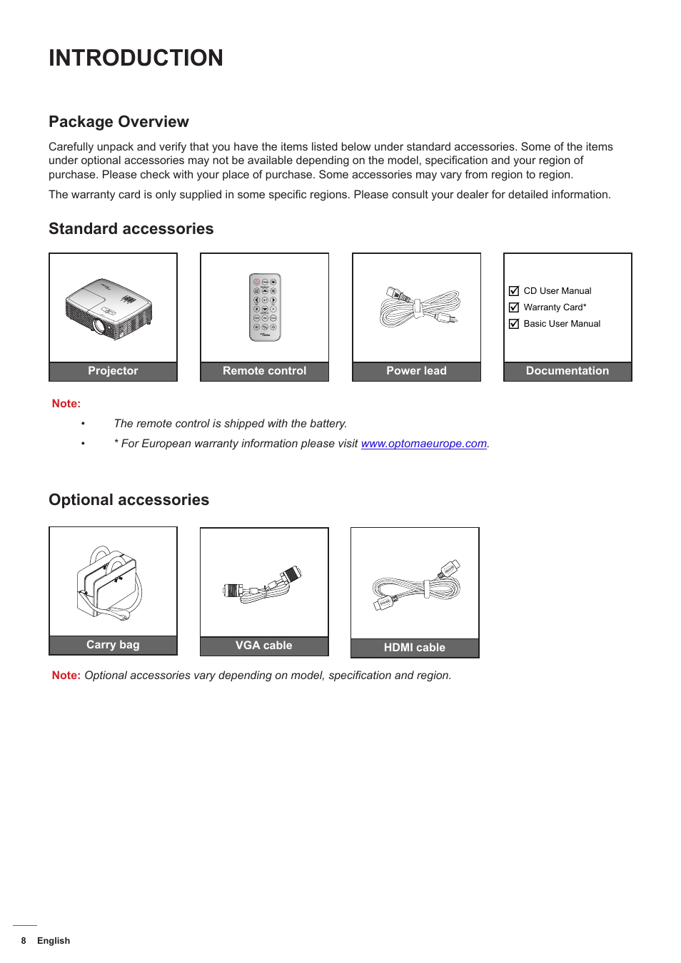 Introduction, Package overview, Standard accessories | Optional accessories | Optoma DS349 User Manual | Page 8 / 59