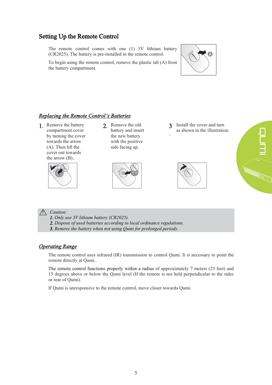 Setting up the remote control | Vivitek Qumi Q3 Plus User Manual | Page 11 / 52