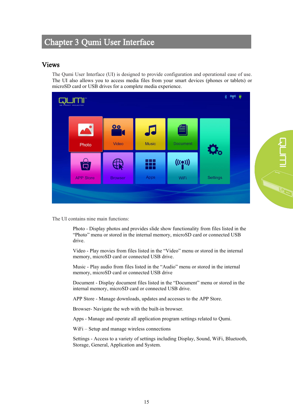 Chapter 3 qumi user interface, Views | Vivitek Qumi Q3 Plus User Manual | Page 21 / 52