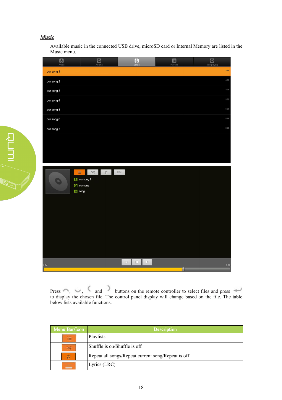 Music | Vivitek Qumi Q3 Plus User Manual | Page 24 / 52
