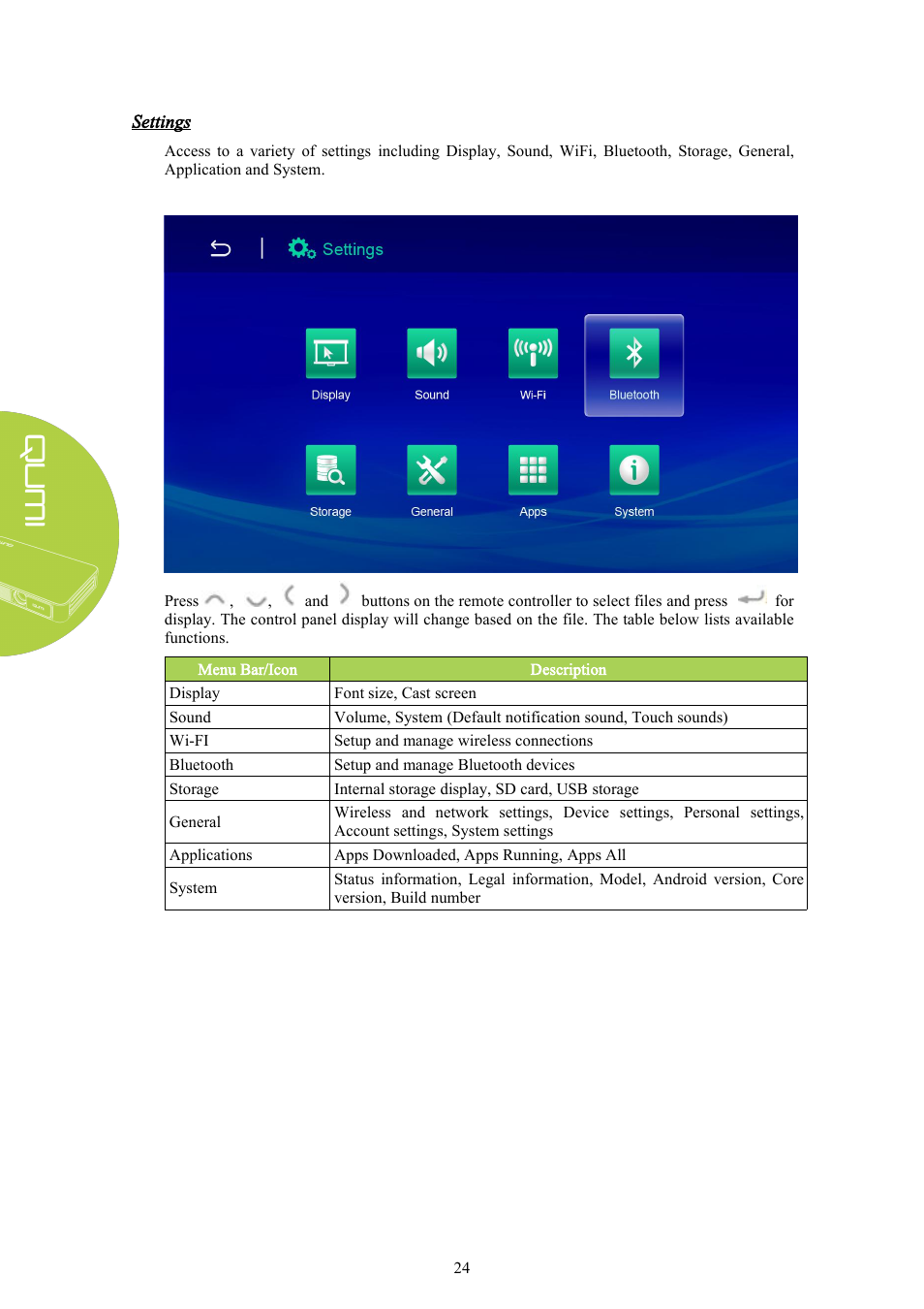 Settings | Vivitek Qumi Q3 Plus User Manual | Page 30 / 52