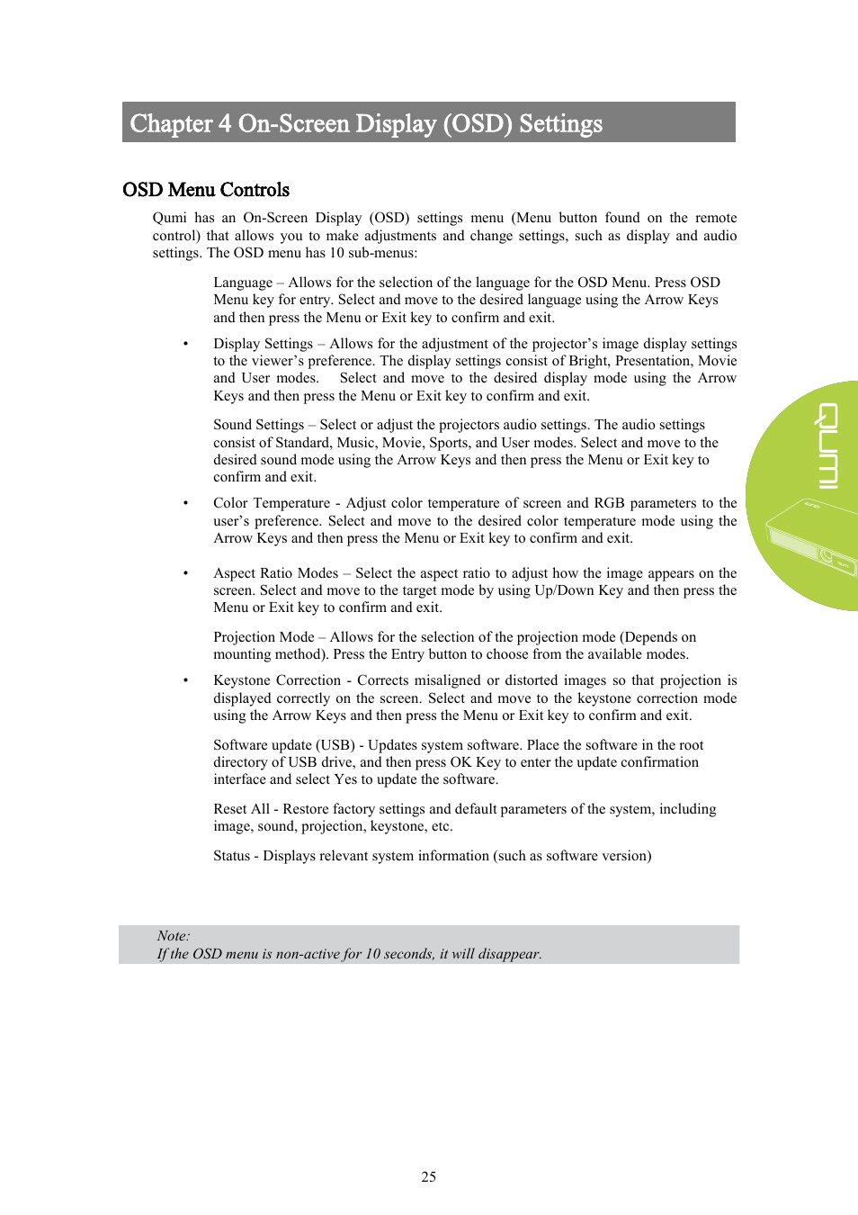 Chapter 4 on-screen display (osd) settings, Osd menu controls | Vivitek Qumi Q3 Plus User Manual | Page 31 / 52