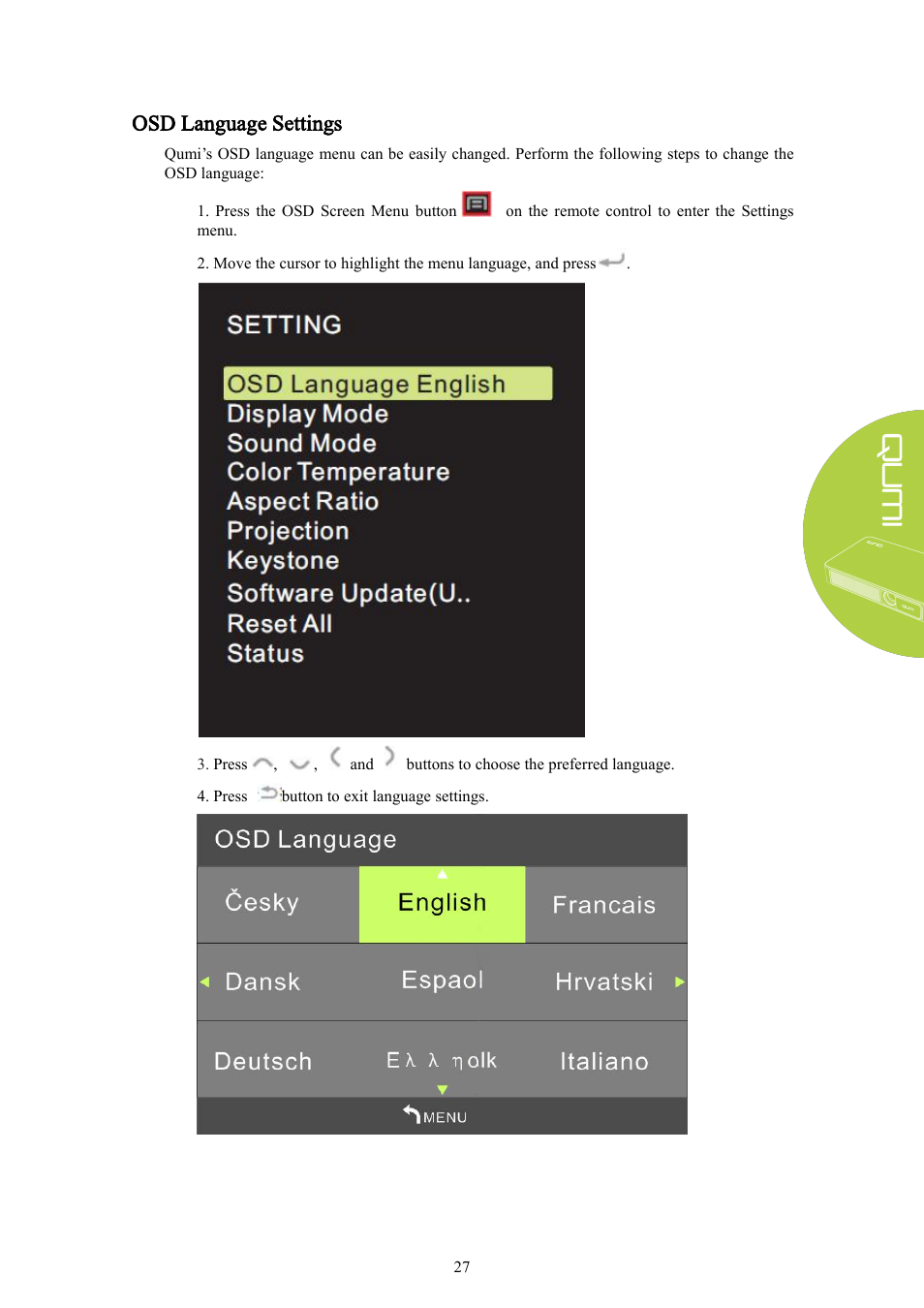 Osd language settings | Vivitek Qumi Q3 Plus User Manual | Page 33 / 52