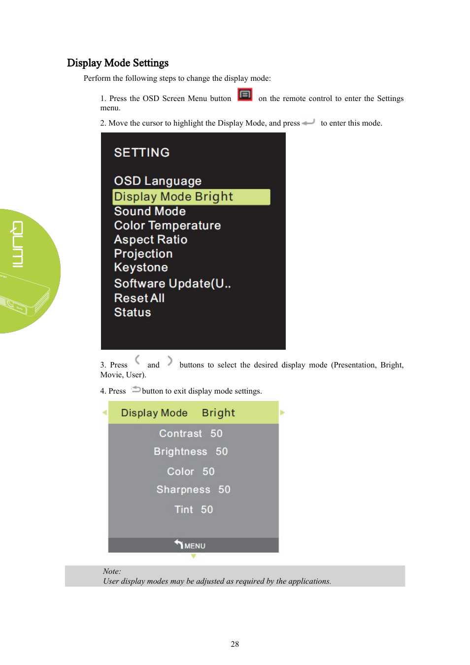Display mode settings | Vivitek Qumi Q3 Plus User Manual | Page 34 / 52